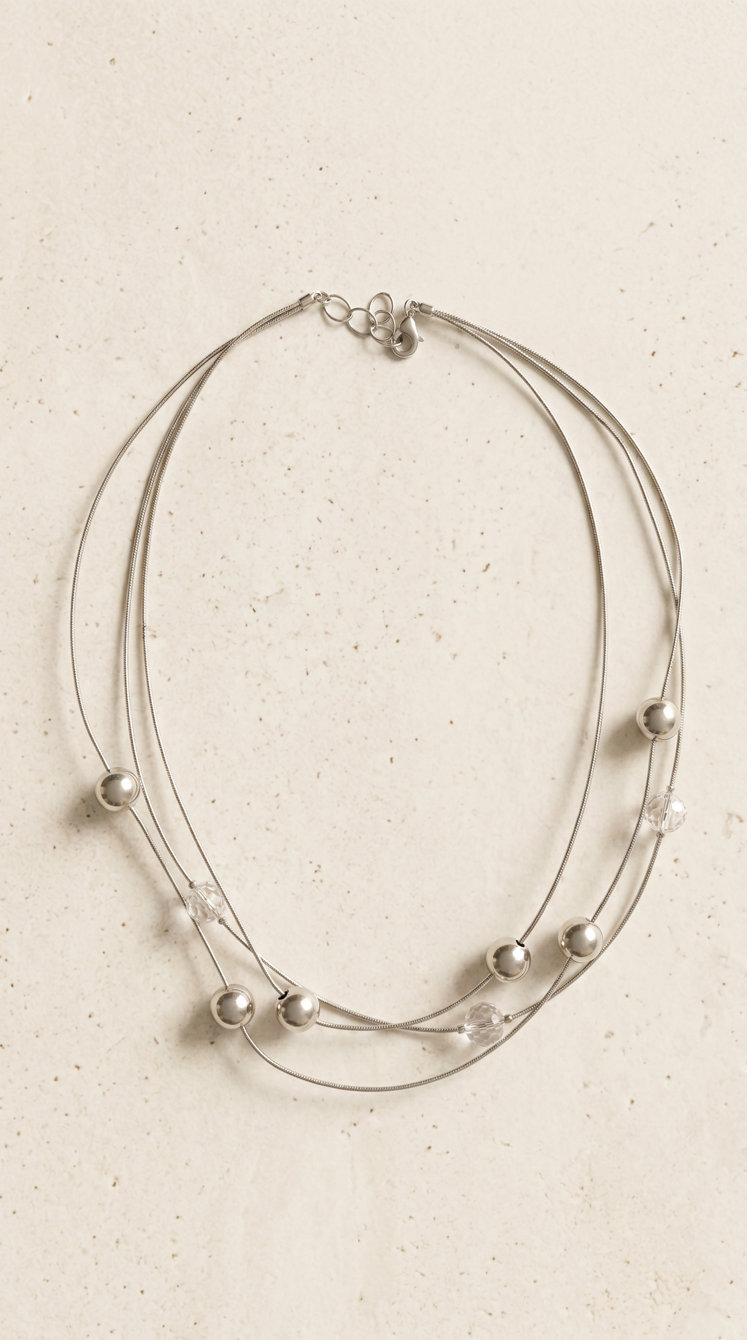 Triple Strand SIlver & Crystal Ball Necklace