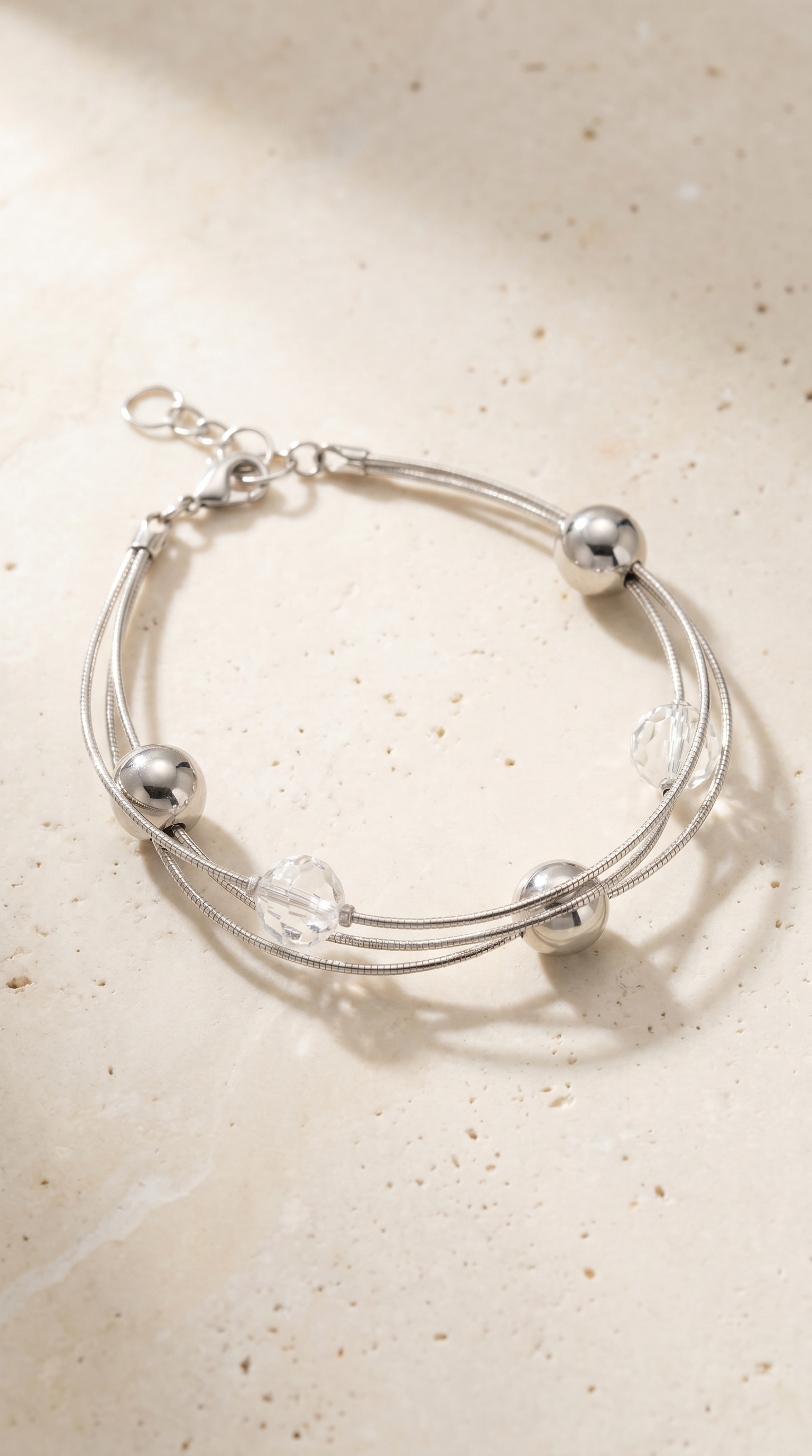 Triple Strand SIlver & Crystal Ball Bracelet